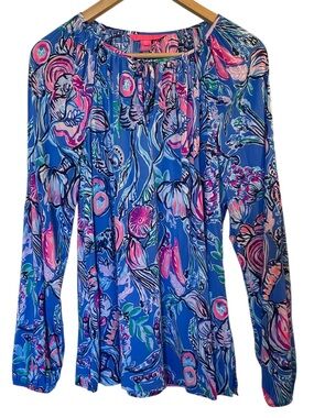LILLY PULITZER Blue/Pink Rayon Floral Print Long-Sleeve Tie-Neck Top - Medium